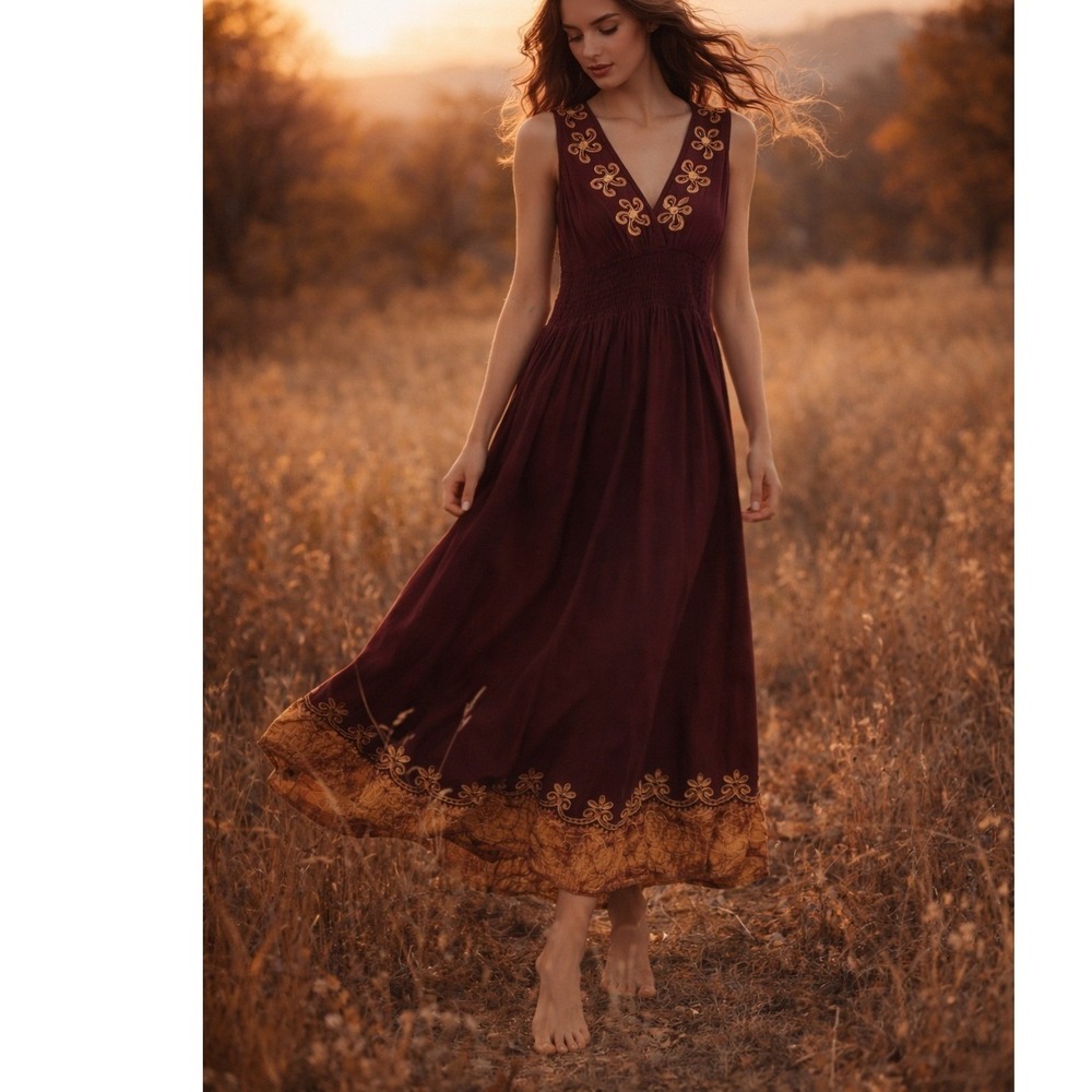 Jessica Taylor Burgundy Batik Embroidered Smocked Waist Midi Dress Womens Small